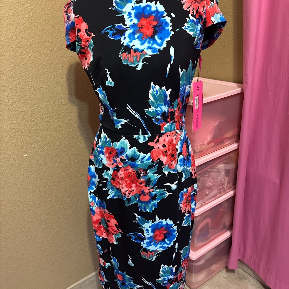 Betsey Johnson Black Dress with Blue and Red Floral Print